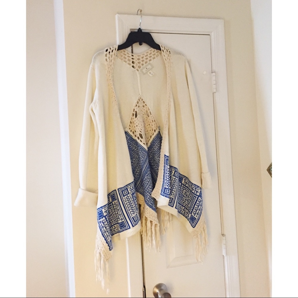 Blue & Cream Fringe Boho Cardigan - Picture 4 of 5